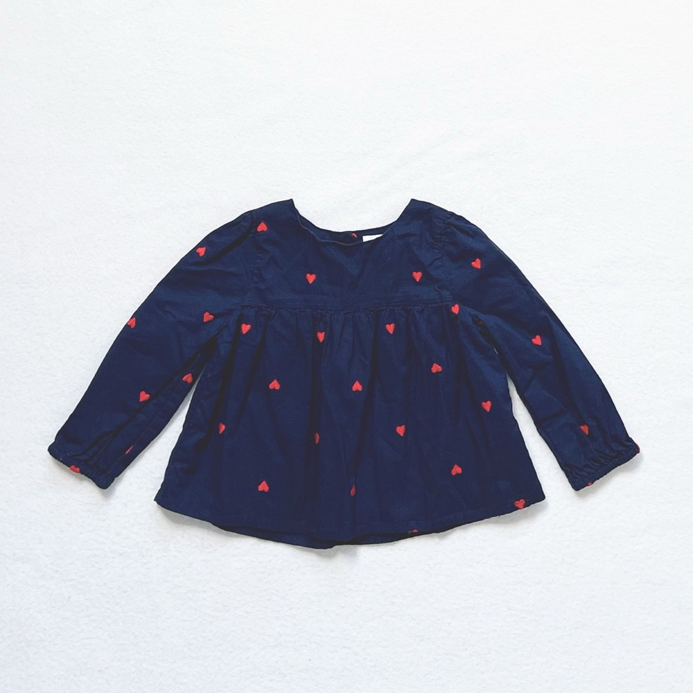 Gap Baby Girl Navy Blue Red Heart Cotton Top Blouse Crewneck Long Sleeve 18–24M